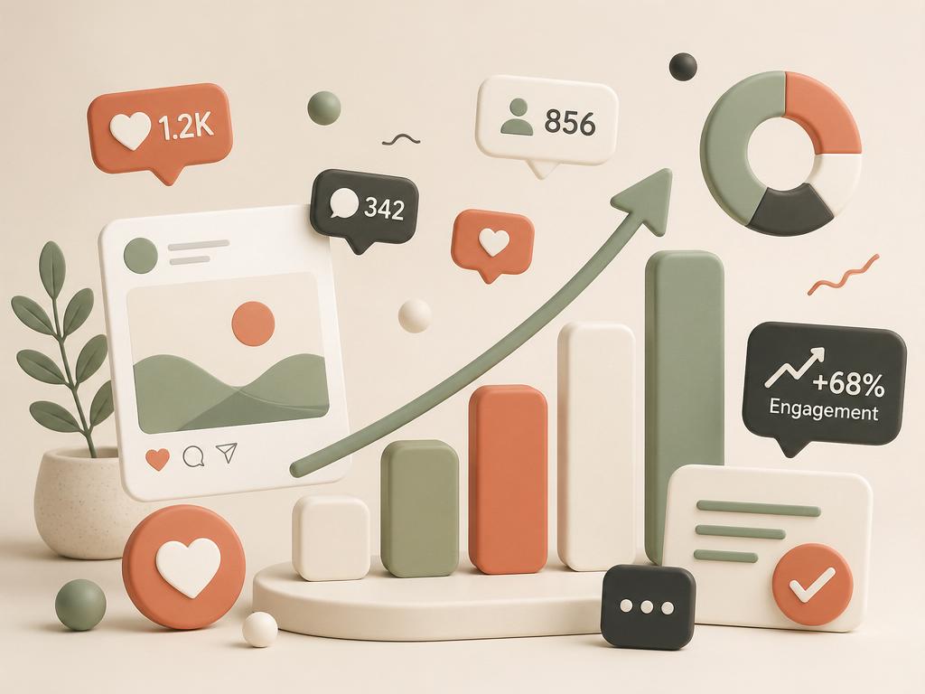 3D illustration of social media growth metrics and engagement